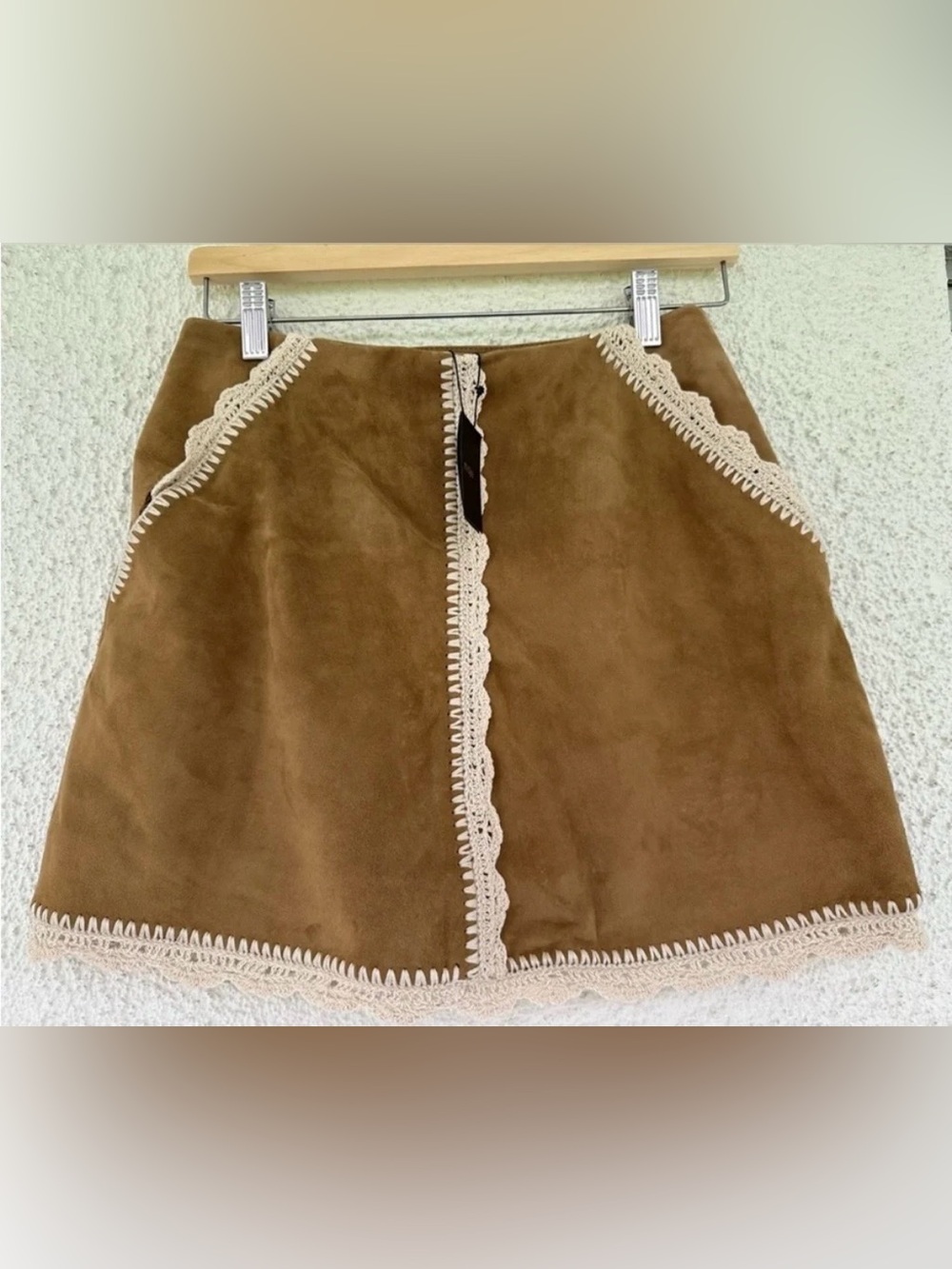 Maje Suede Skirt Jicoti Crochet Trim FR38/M - Picture 3 of 5